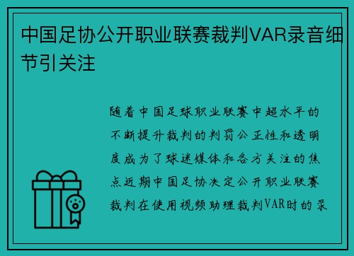 中国足协公开职业联赛裁判VAR录音细节引关注 中国足协公开职业联赛裁判VAR录音细节引关注